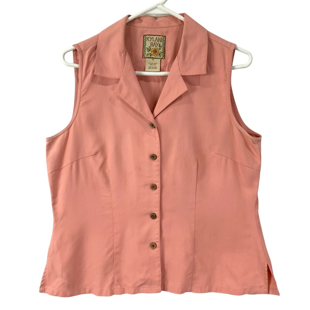 Kylani Bay Sleeveless Collared Button Up V-Neck Silk Blouse Coral Size M